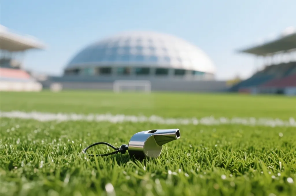 A close-up shot of a referee's metal whistle lying on a vibrant green grass football pitch, with a beautifully blurred modern stadium dome in the background under daylight.